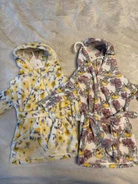 Plush Hooded Kids Bath Robe - Floral Print, Yellow & Pink NWOT